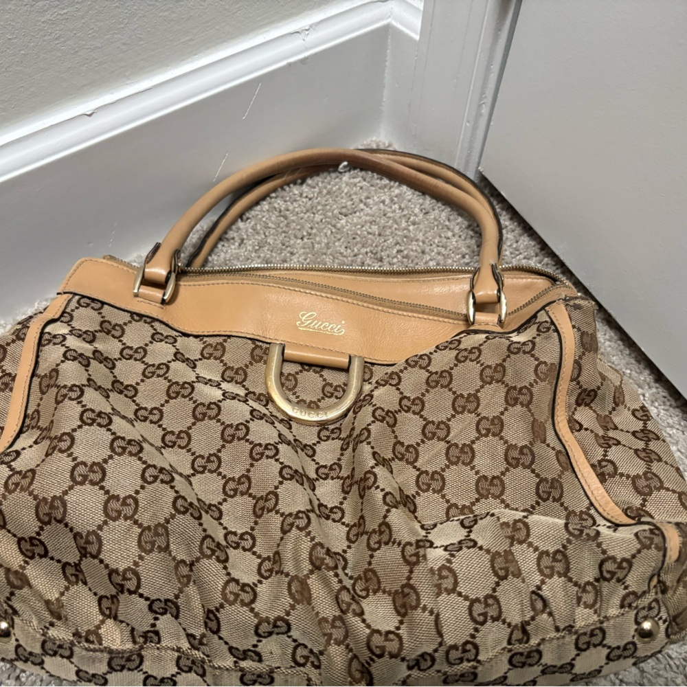 Gucci Abbey DRing Beige and Brown Monogram Shoulder Bag in excellent condition